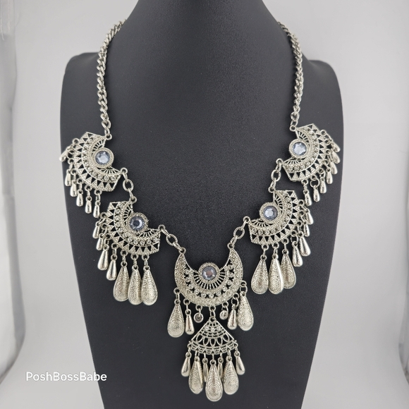 Boho Statement Necklace with Silver-Tone Crescent Medallions – 20-23" Length - Picture 2 of 12